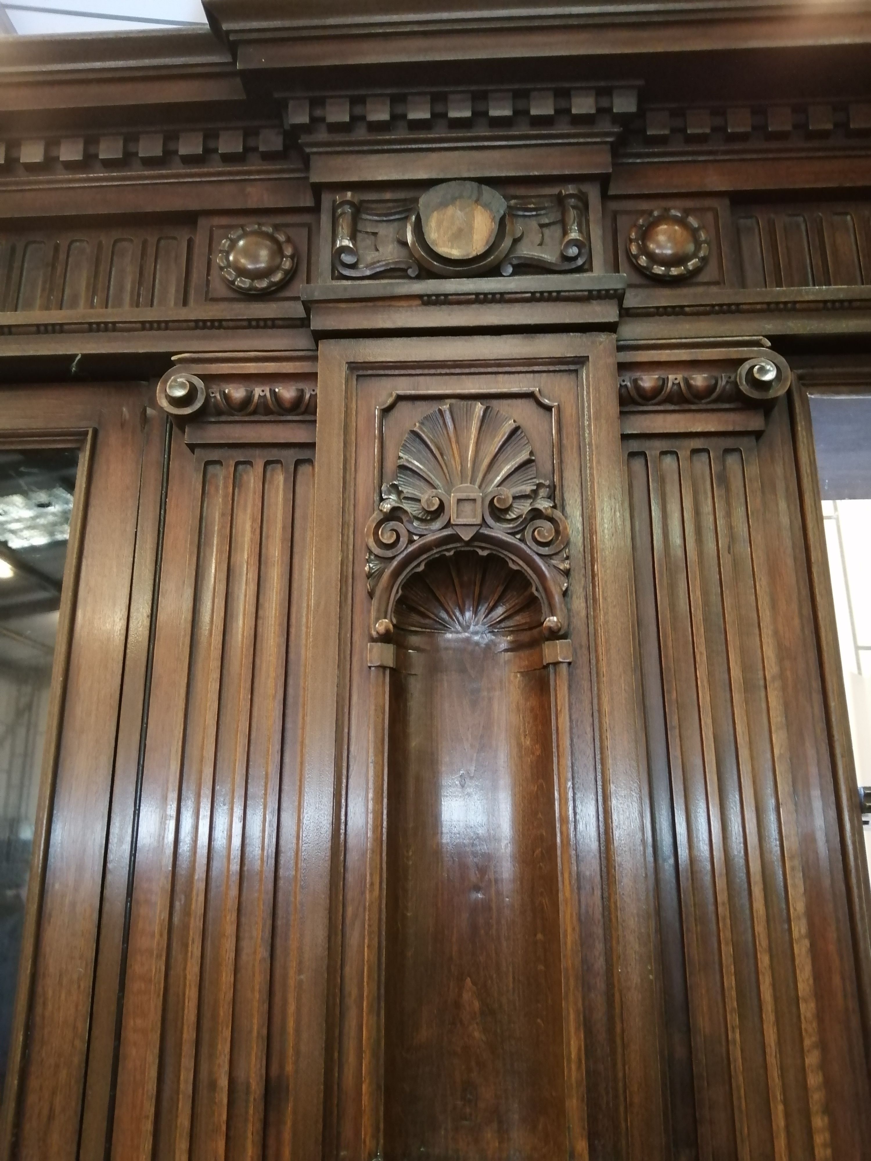 A large French 17th century style walnut bookcase / cabinet, length 360cm, depth 50cm, height 240cm